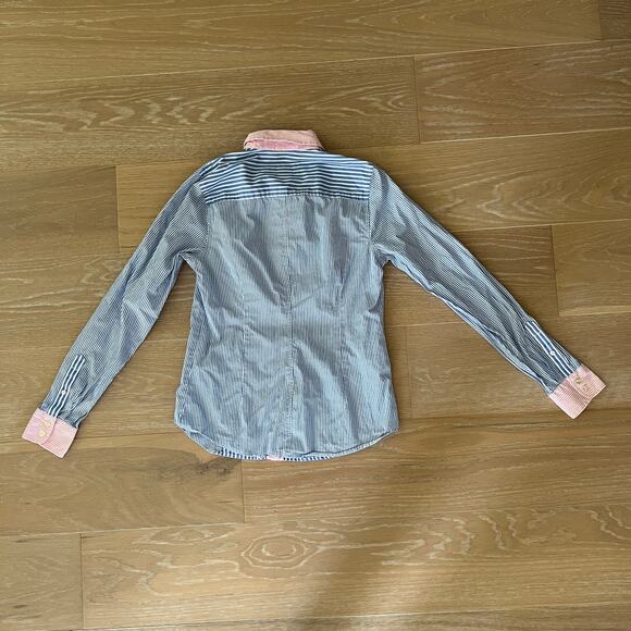 Vineyard Vines Blue White Stripe Pink Trim Ruffle Button Front Shirt Size 2 - Picture 2 of 4